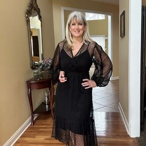Cabi black polka dot sheer dress with slip